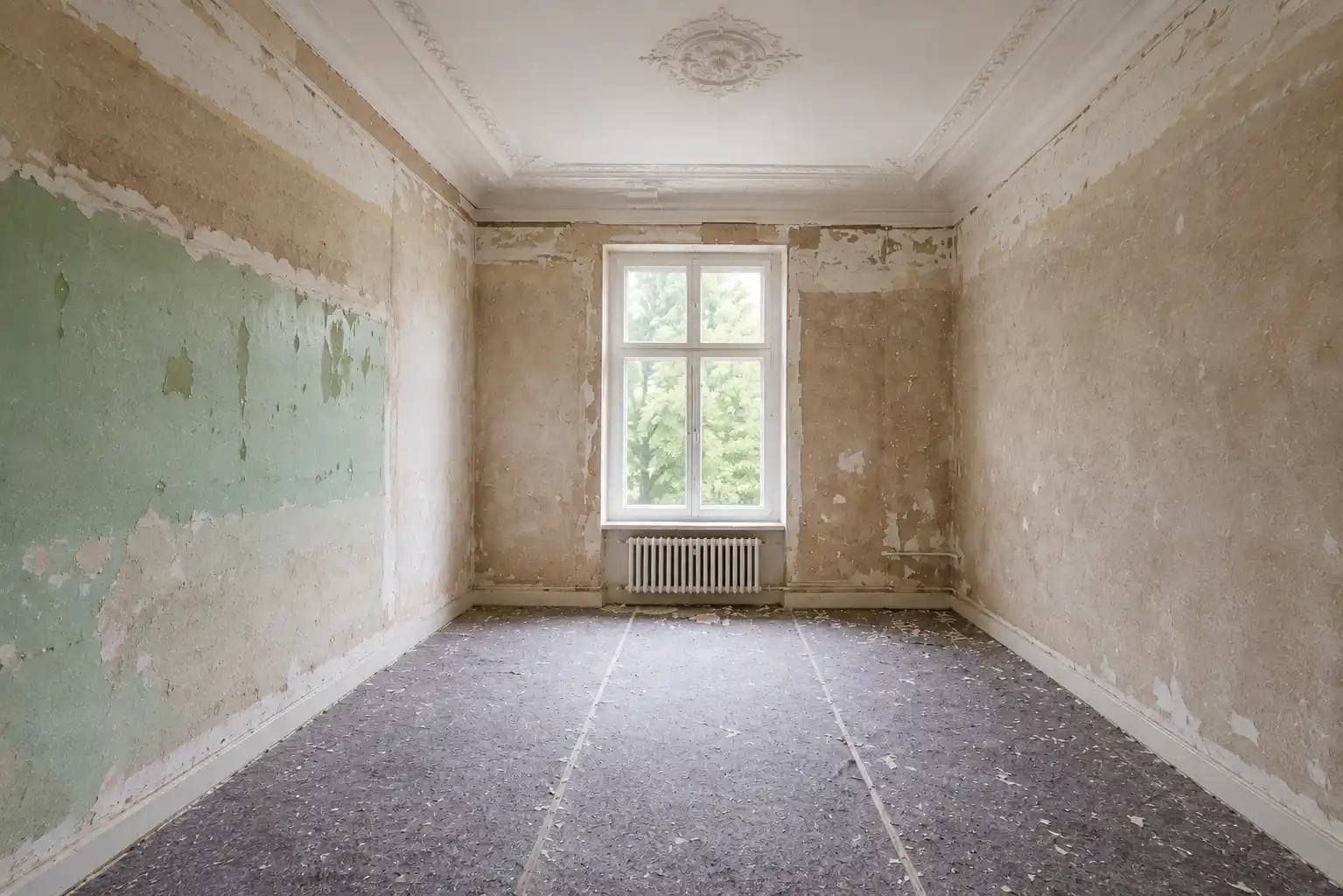 Le même séjour avant travaux : murs dégradés, sol déposé, gravats au sol